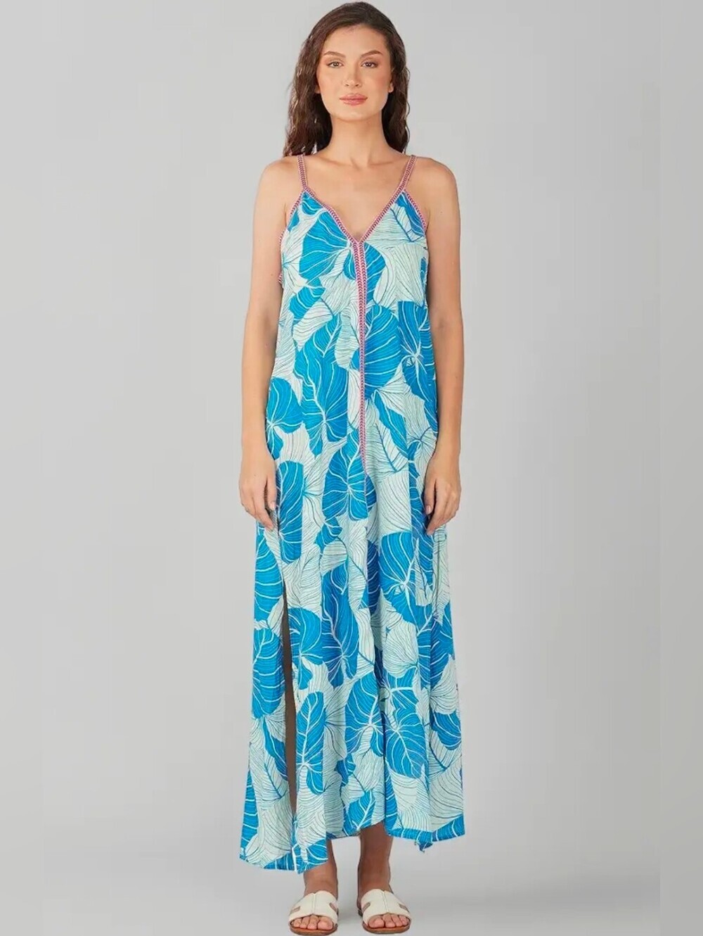 America & Beyond Tropical Floral Embroidered Trim Maxi Slip Dress w/side Slits